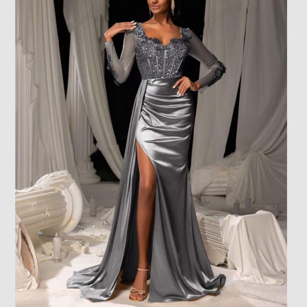 Luxe sweetheart neck appliqués slit thigh party formal evening sequins dress